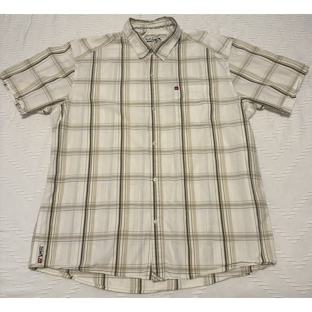 Quiksilver Button Up Shirt Beige Plaid Men’s 2XL Y2K Affliction Hip Hop Surfcore